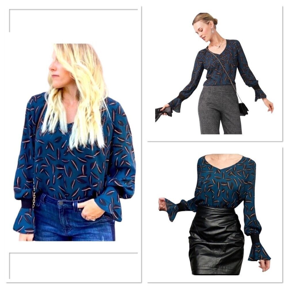 CAbi Womens Shadow Leaf Blouse Top Teal Blue V-Neck Bell Long Sleeve Career Sm